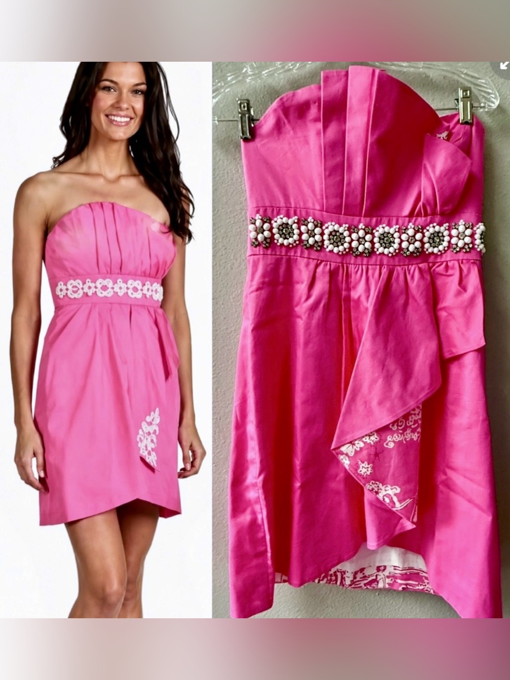 Lilly Pulitzer Crystal Hotty Pink Dress Strapless Mini Pearls Sweetheart Sz.4